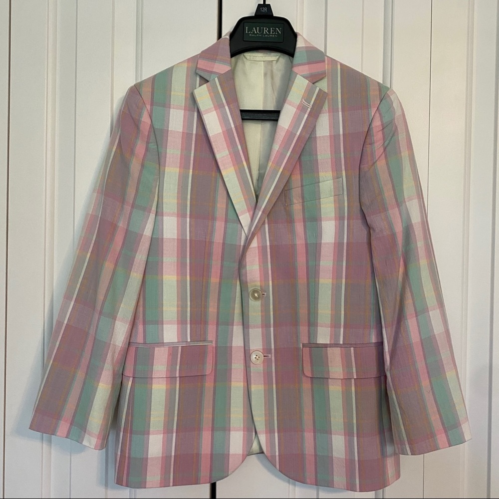 Ralph Lauren Boys’ Fully-Lined Pastel Madras Sportcoat Blazer, Size 12R
